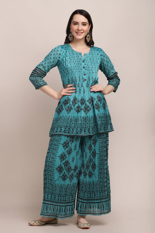 Classy Bottle Green Color Floral Motif Printed Palazzo Set