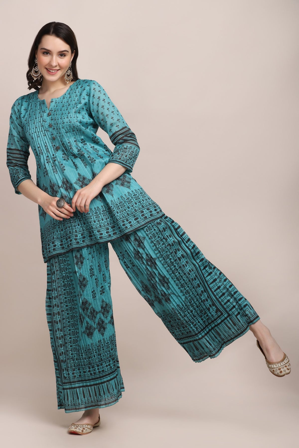 Classy Bottle Green Color Floral Motif Printed Palazzo Set