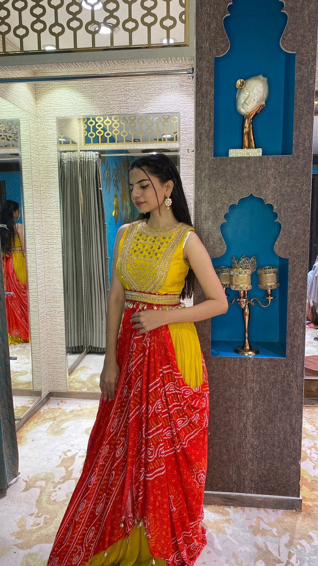 Beautiful yellow color floral motif embroidered crop top set