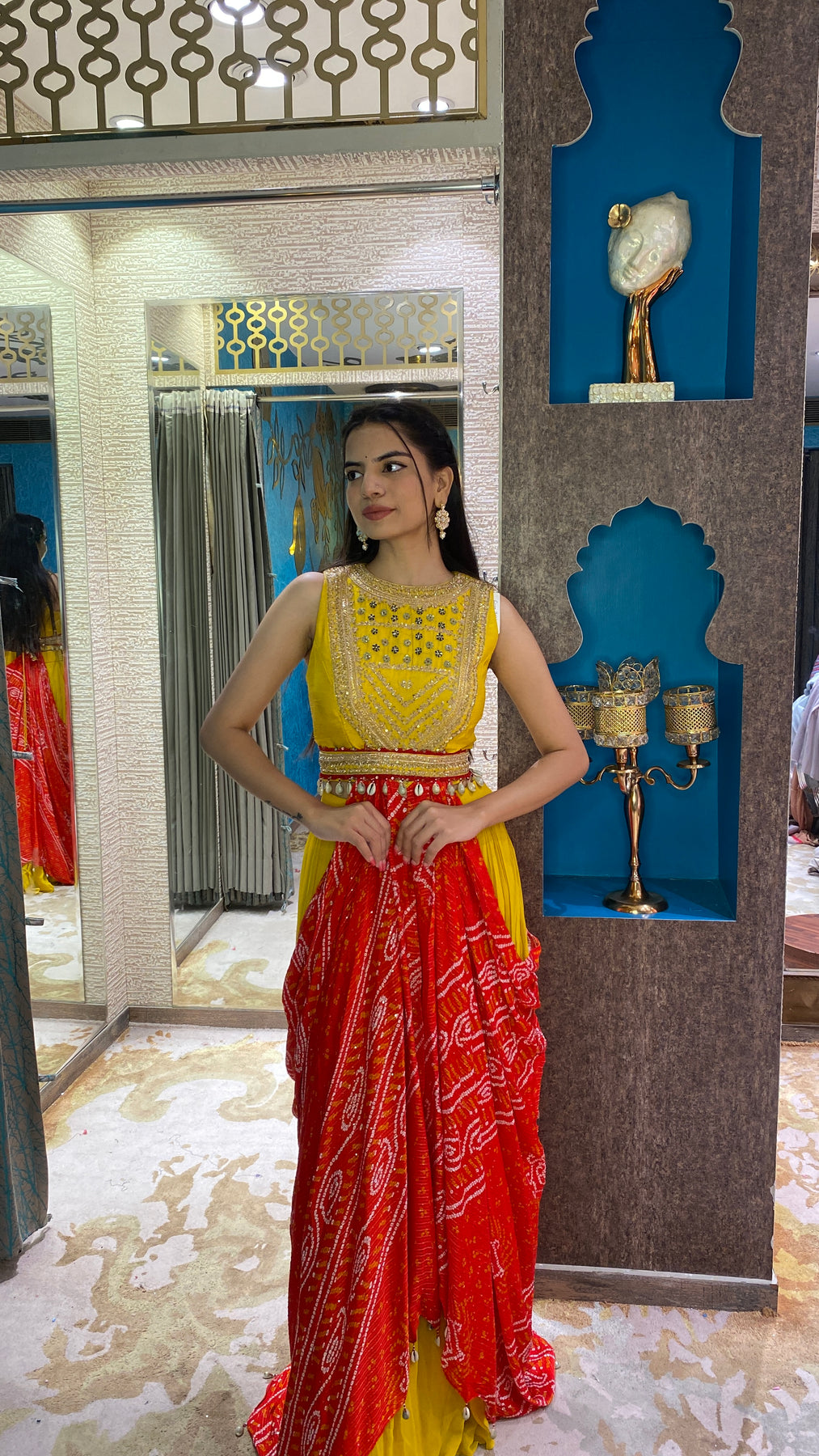 Beautiful yellow color floral motif embroidered crop top set