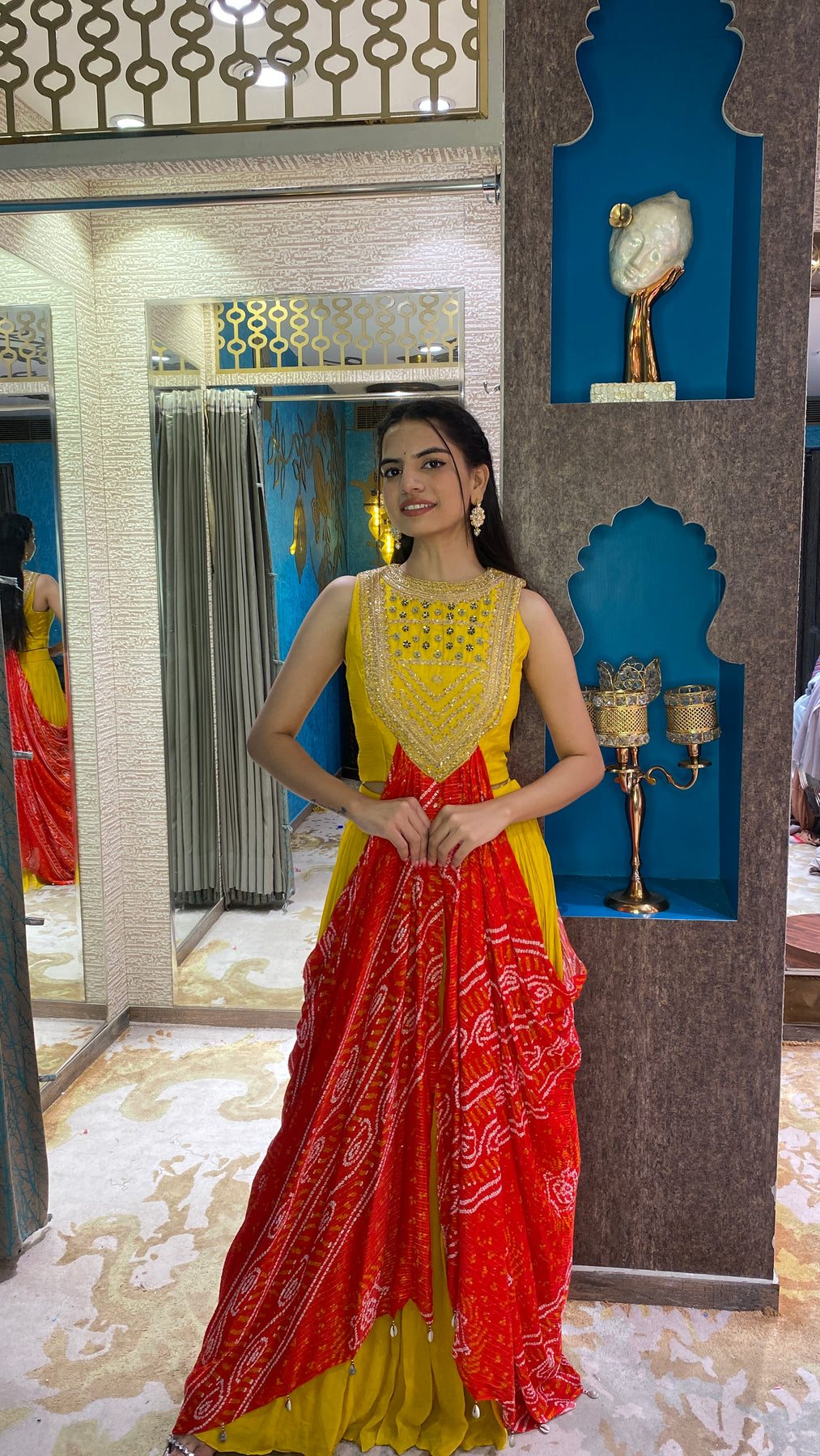 Beautiful yellow color floral motif embroidered crop top set