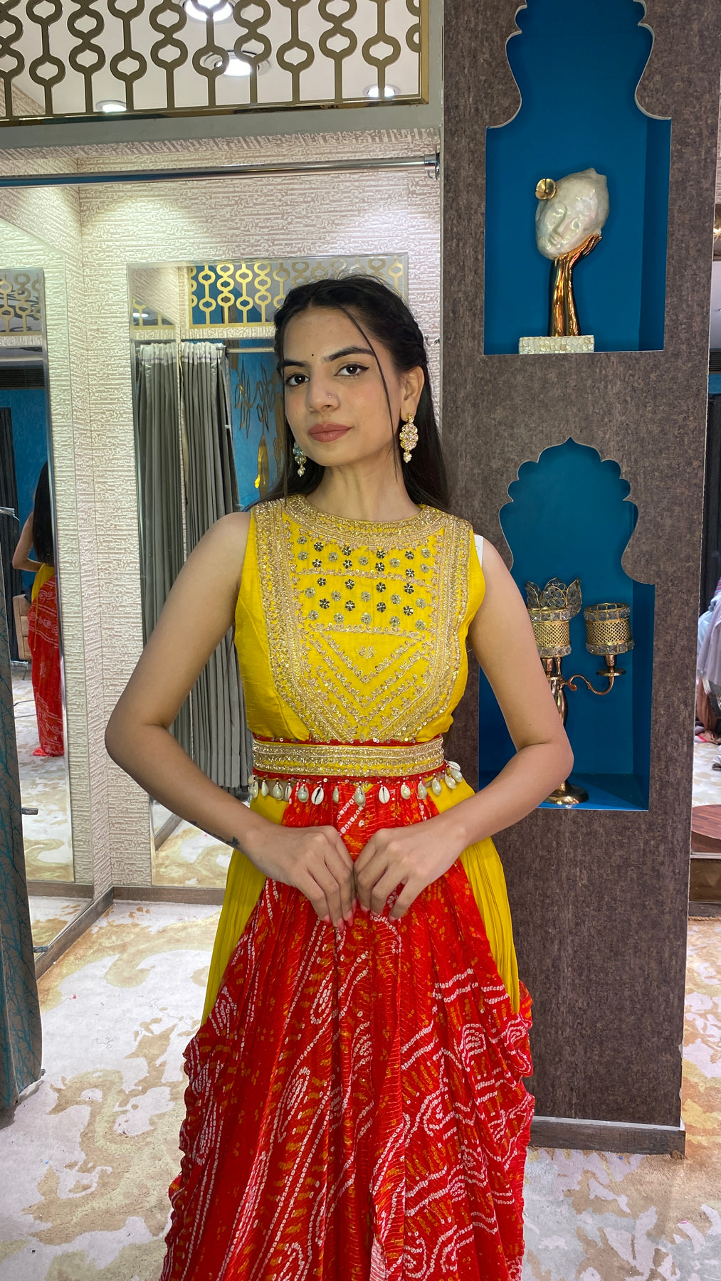 Beautiful yellow color floral motif embroidered crop top set