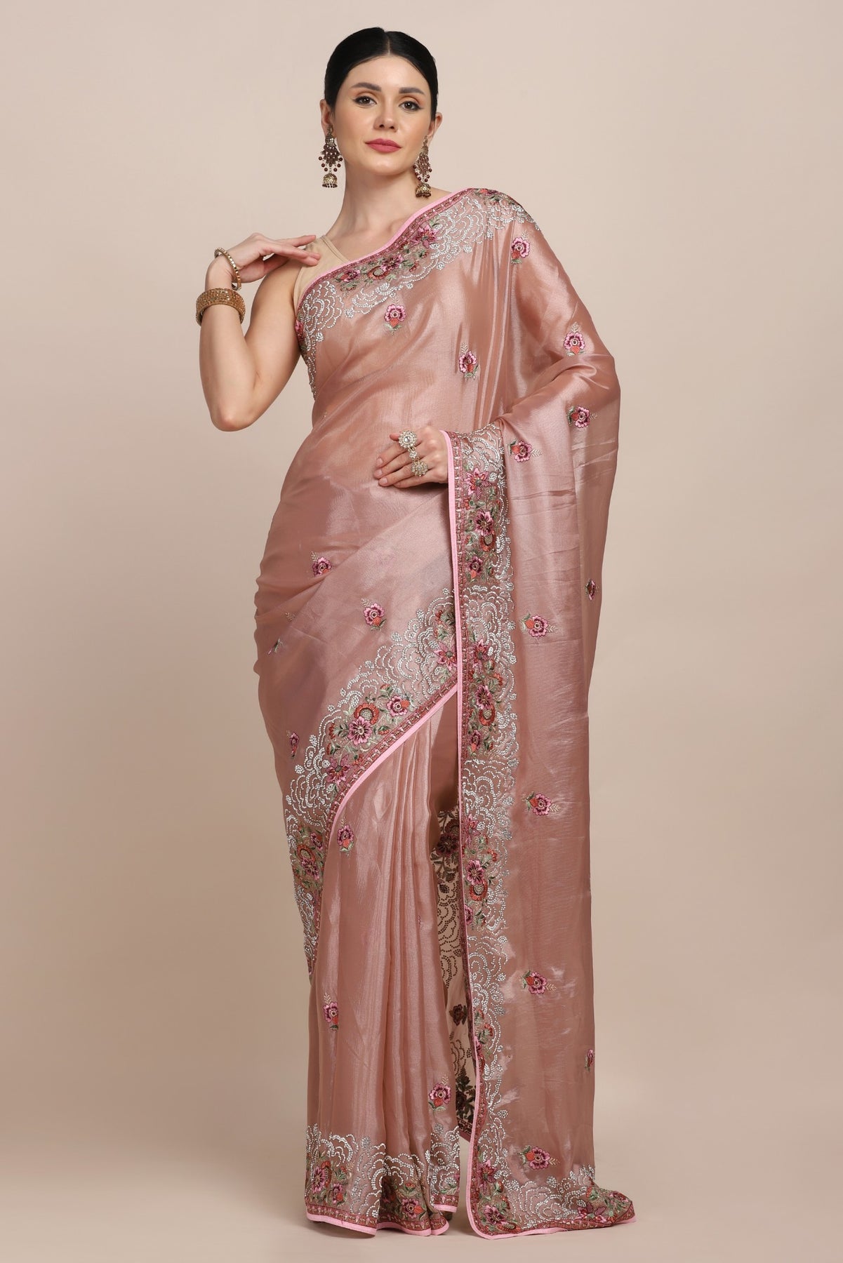 Adorable onion pink color floral motif embroidered saree