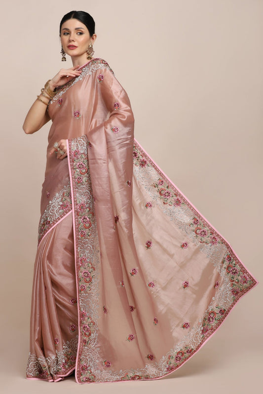 Adorable onion pink color floral motif embroidered saree