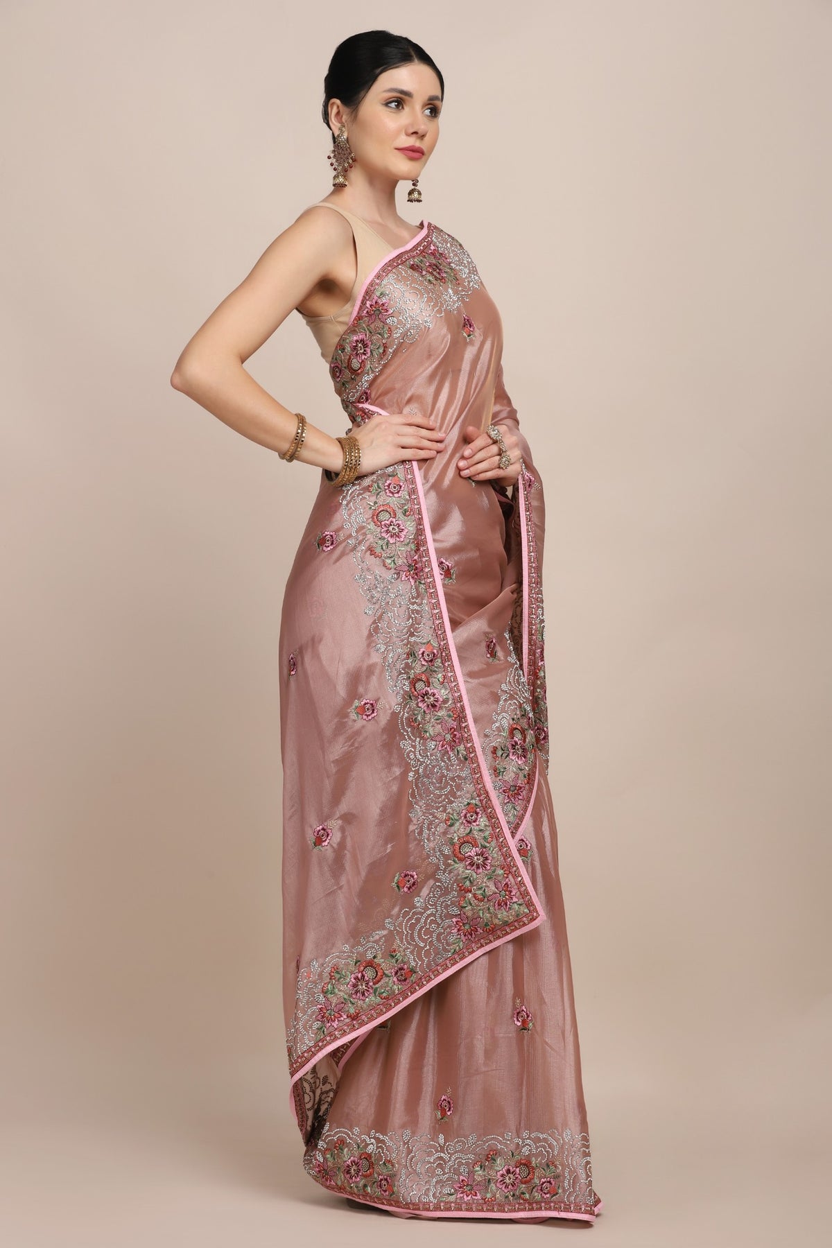 Adorable onion pink color floral motif embroidered saree