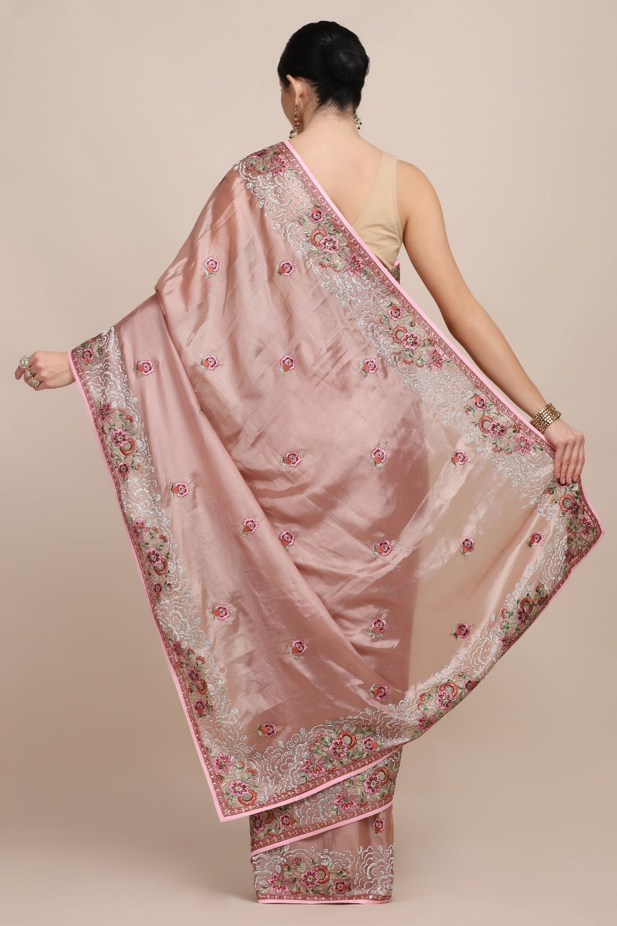 Adorable onion pink color floral motif embroidered saree