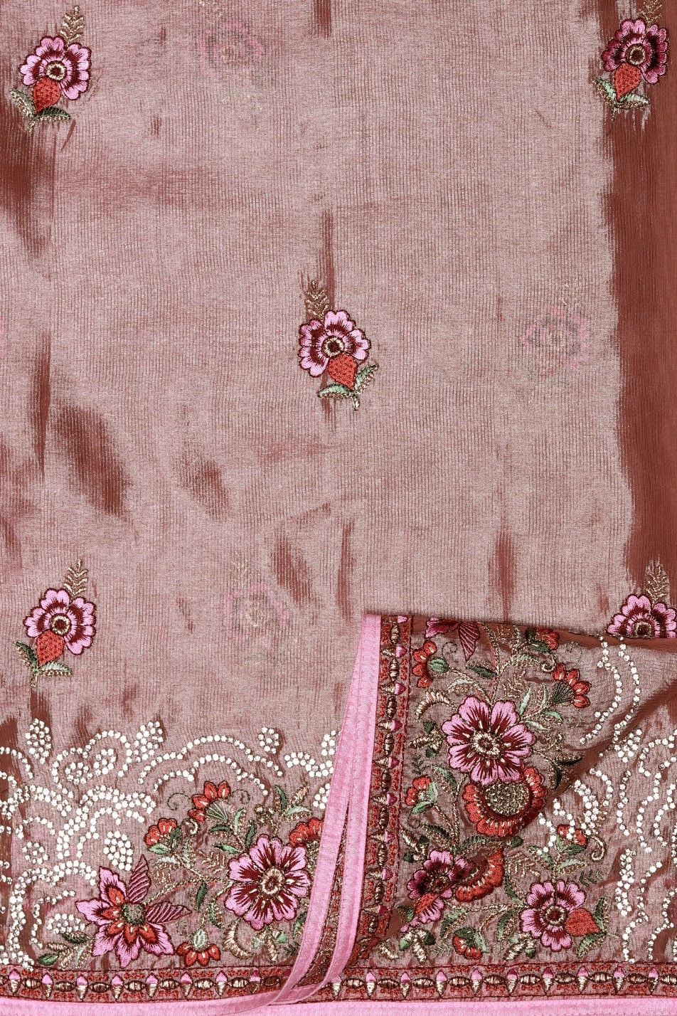 Adorable onion pink color floral motif embroidered saree