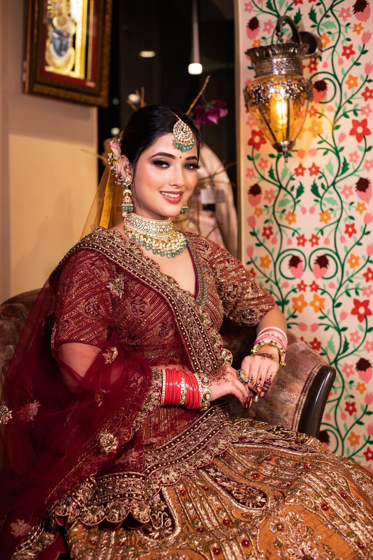 Beautiful Red And Mustard Colored Hand Embroidered Bridal Lehenga Set