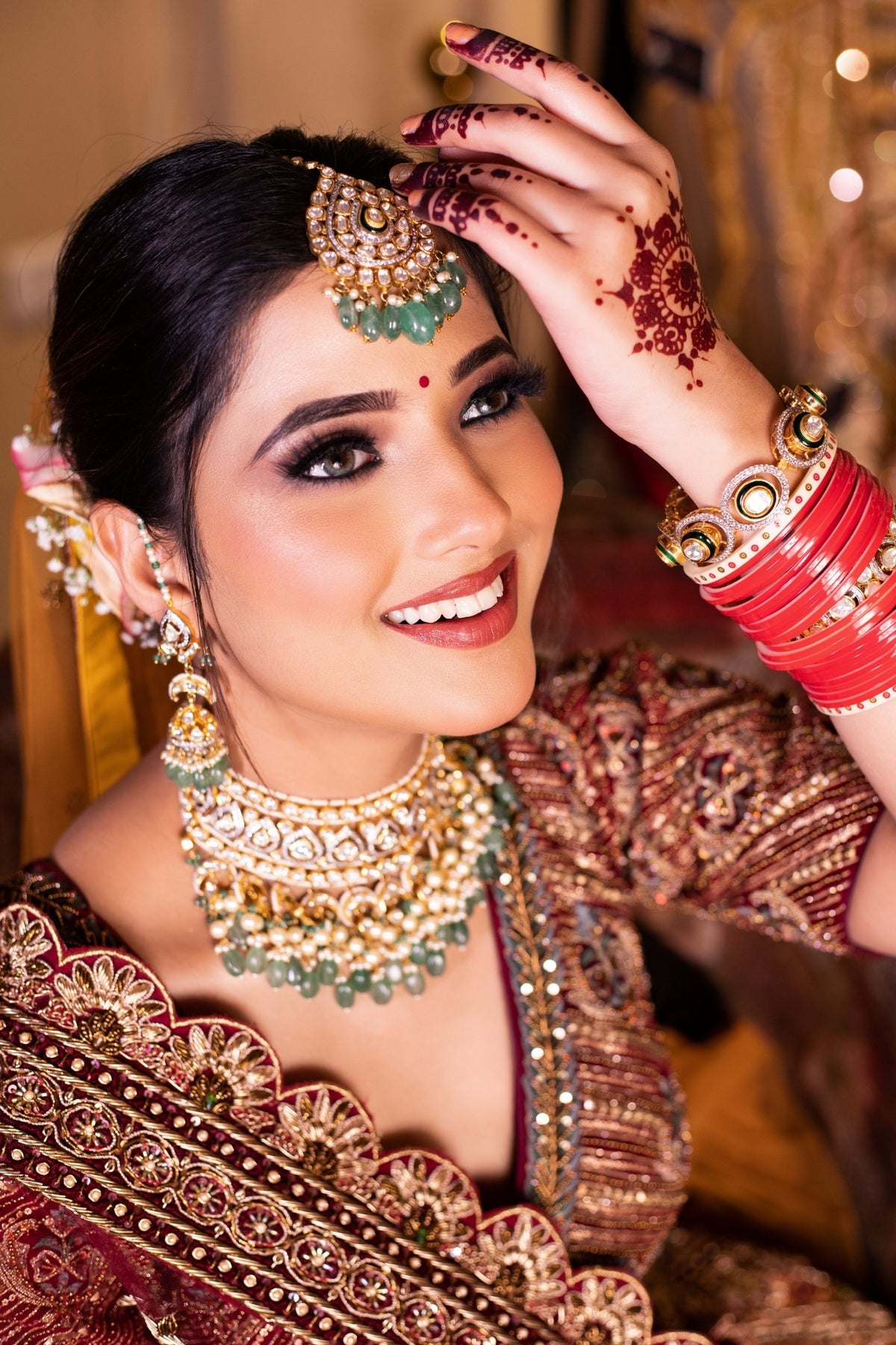 Beautiful Red And Mustard Colored Hand Embroidered Bridal Lehenga Set