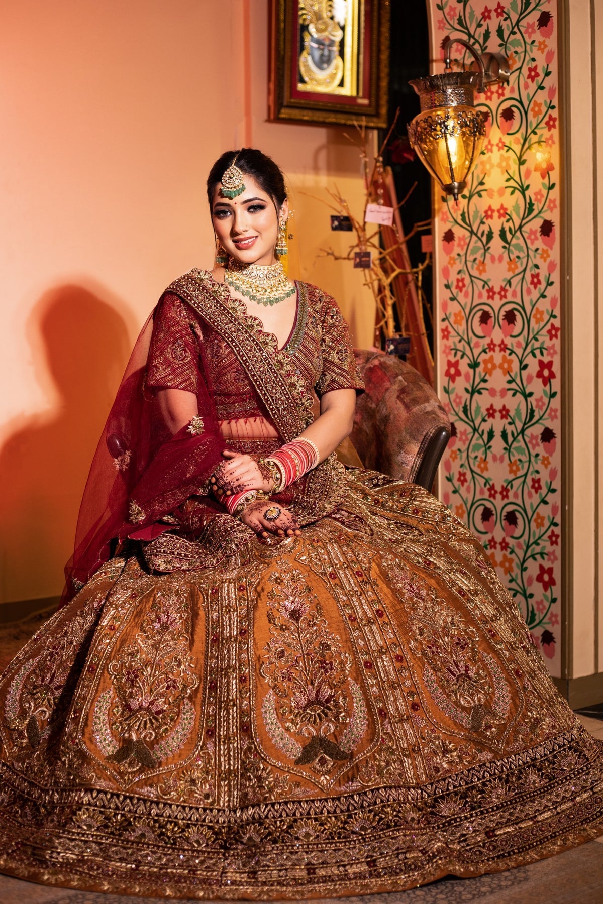 Beautiful Red And Mustard Colored Hand Embroidered Bridal Lehenga Set