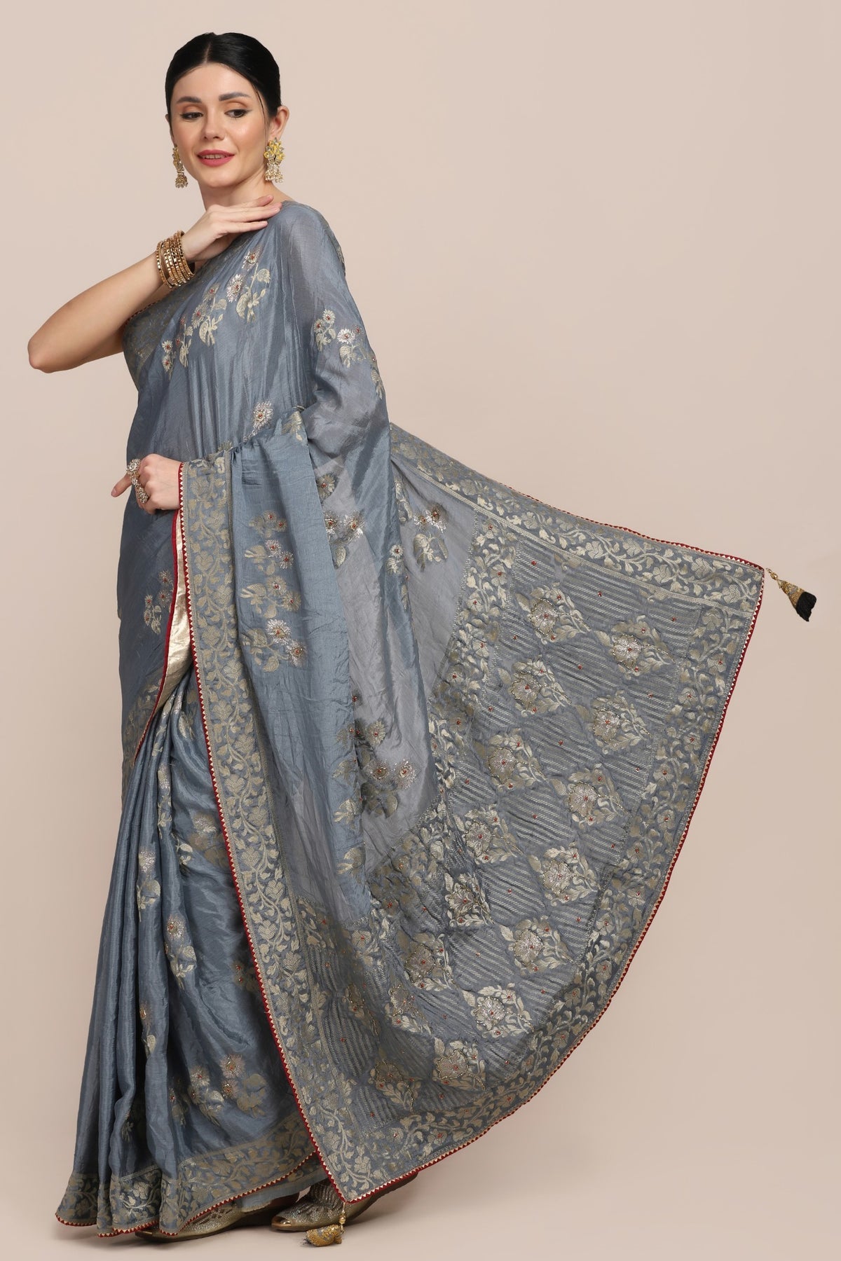 Trendy blue color floral motif printed saree
