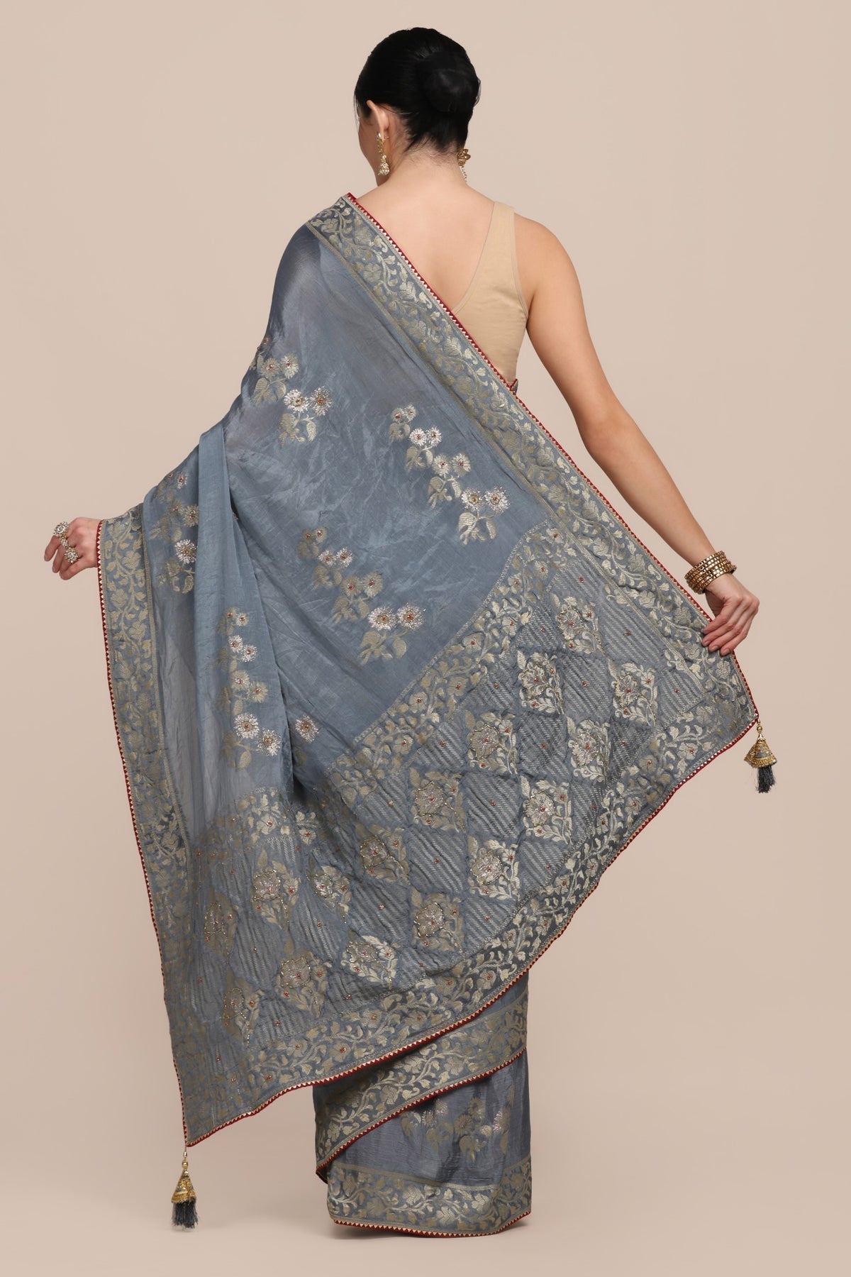 Trendy blue color floral motif printed saree