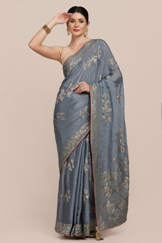 Trendy blue color floral motif printed saree