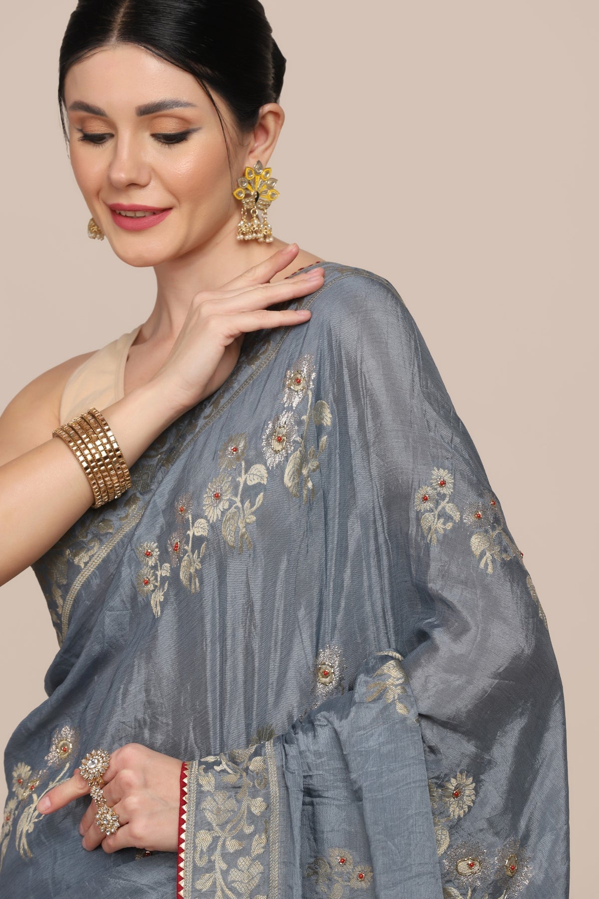 Trendy blue color floral motif printed saree