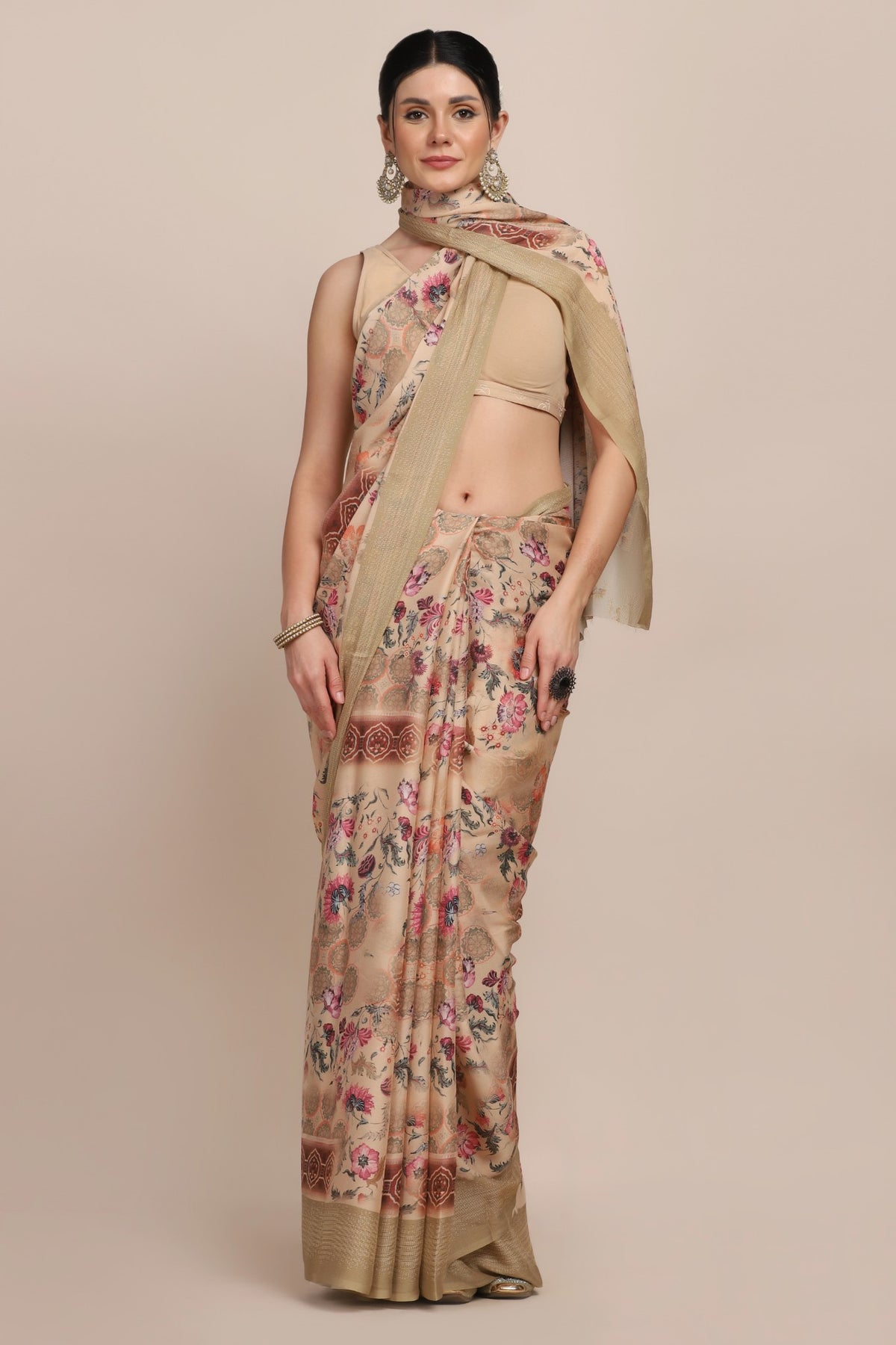 Beautiful beige color floral printed saree