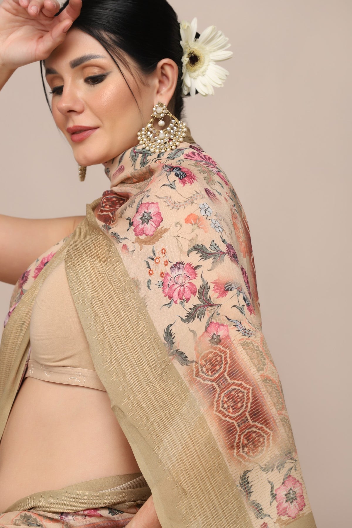 Beautiful beige color floral printed saree