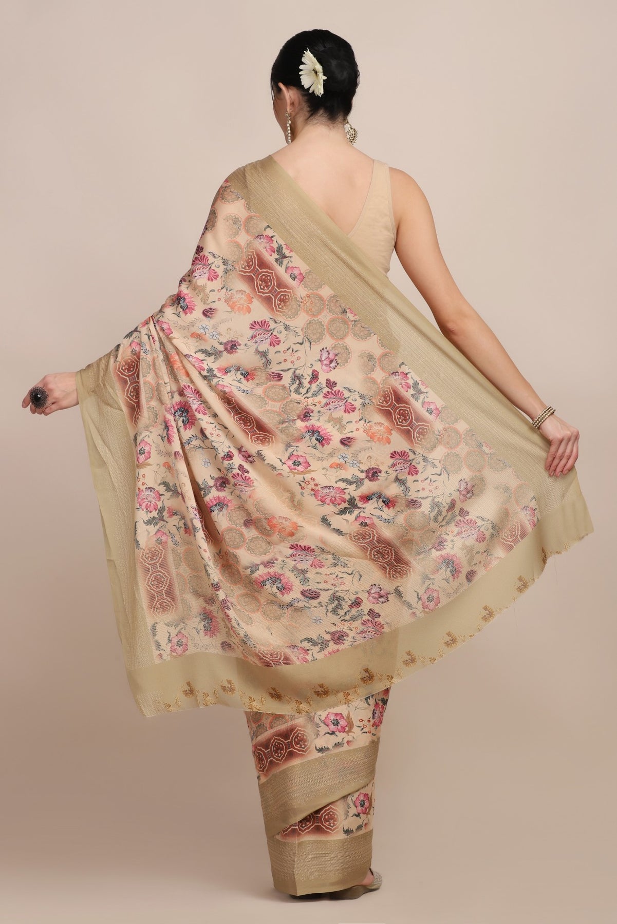 Beautiful beige color floral printed saree