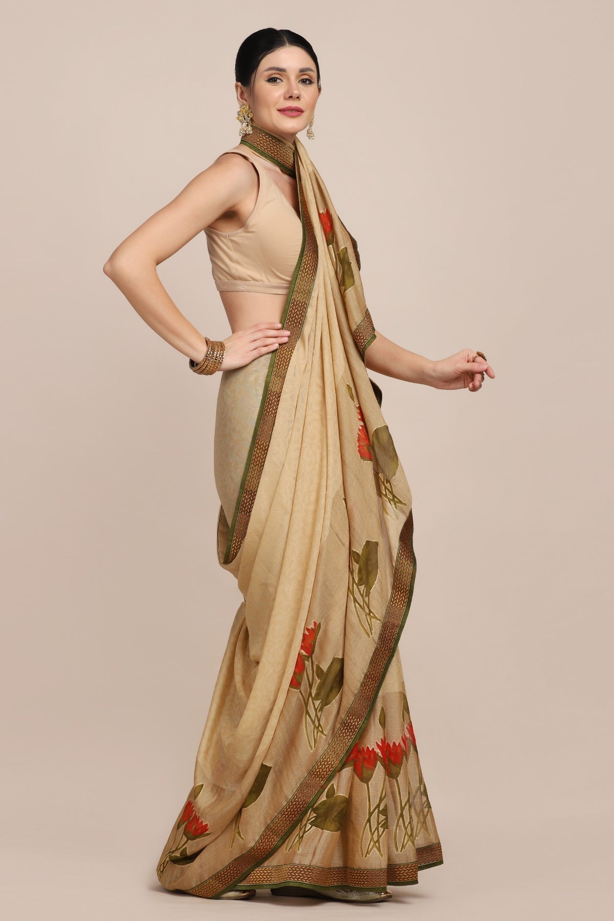 Classy brown color floral motif printed saree