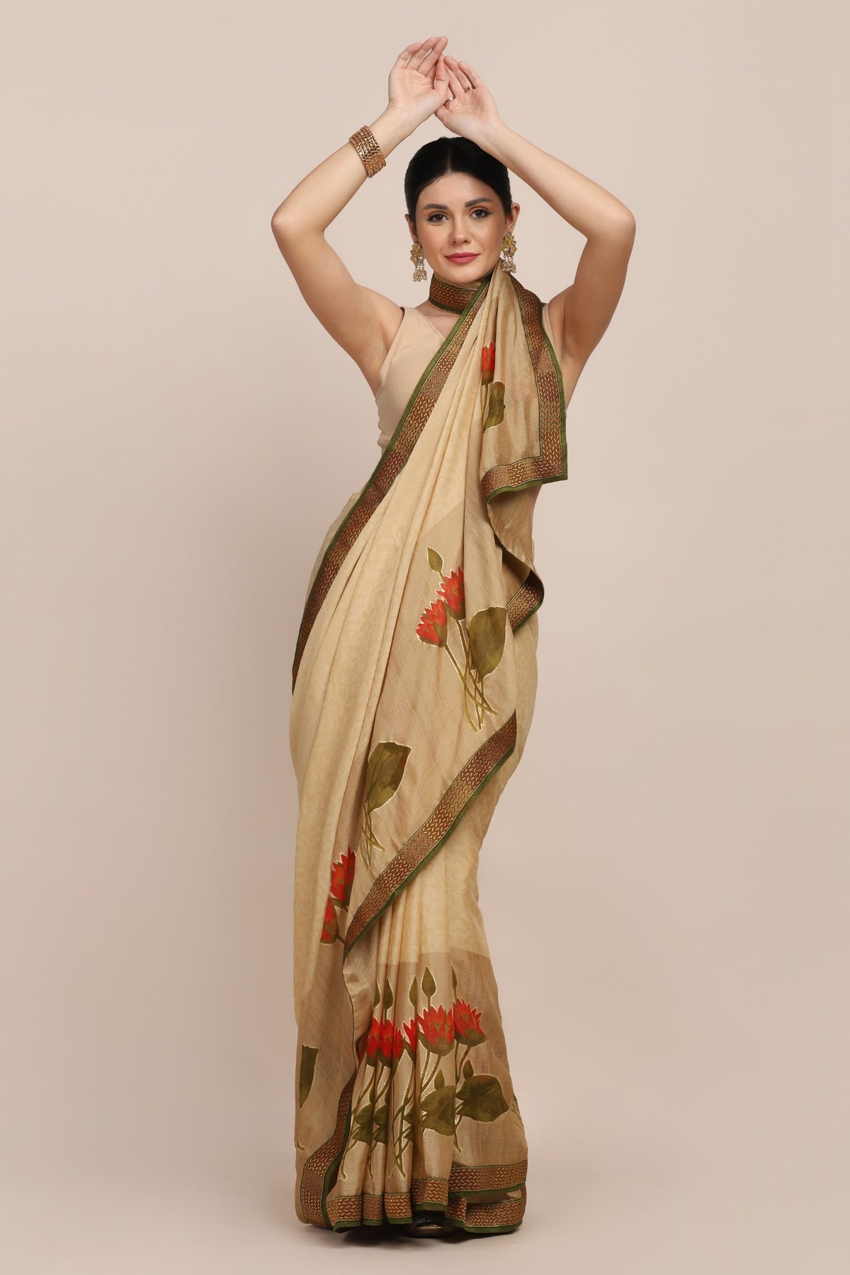 Classy brown color floral motif printed saree