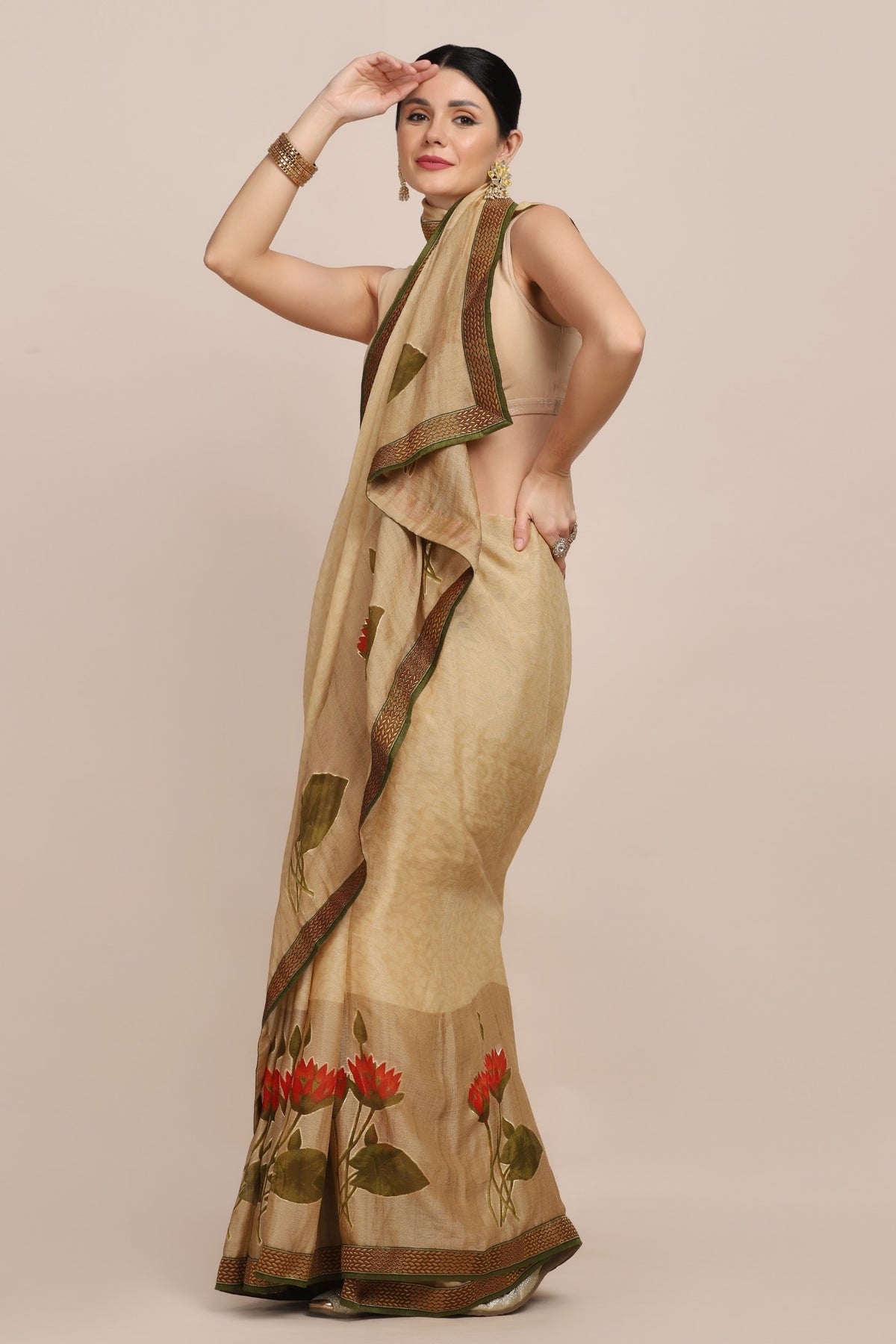 Classy brown color floral motif printed saree