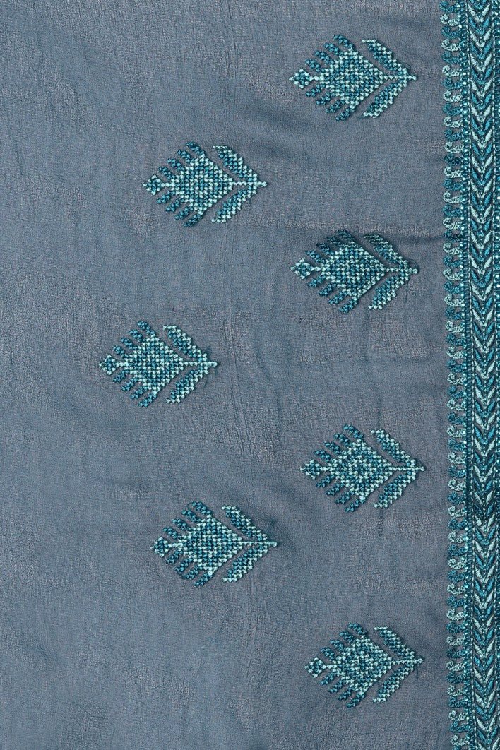 Elegant Blue color floral motif embroidered saree