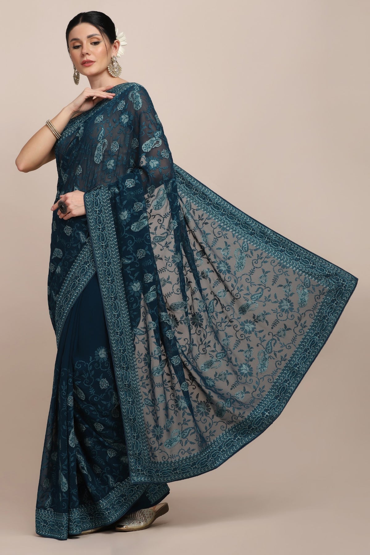 Elegant Blue color floral motif embroidered saree