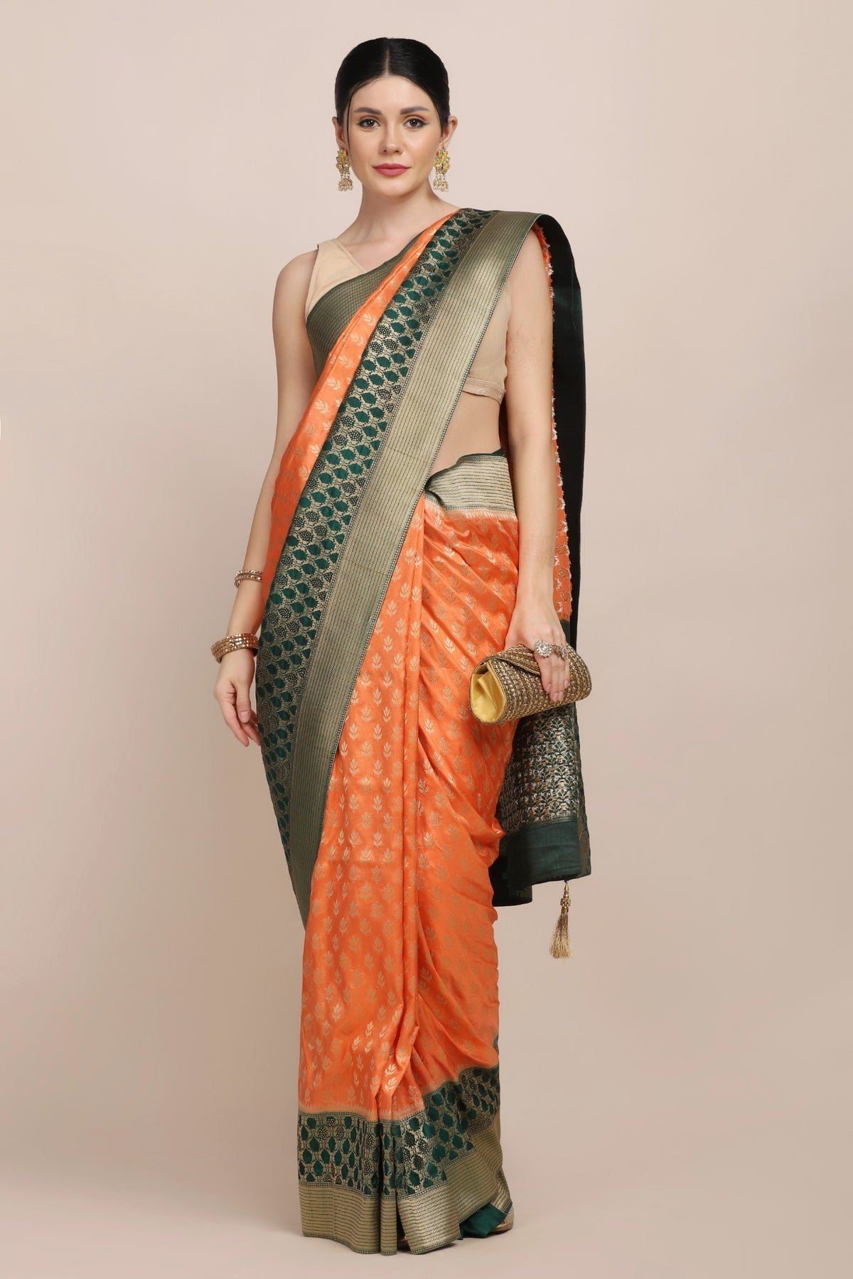 Classy orange color floral motif woven saree