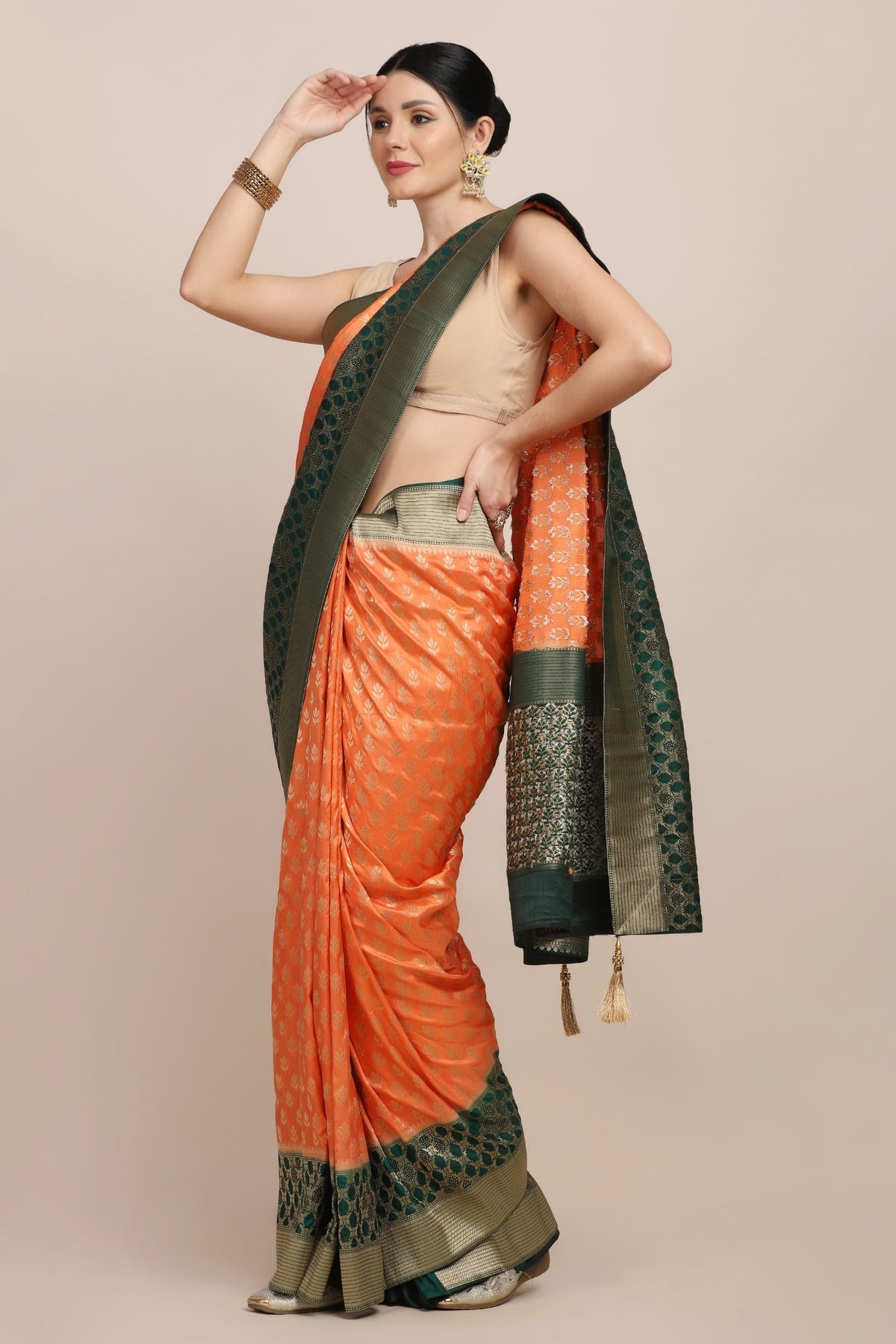 Classy orange color floral motif woven saree