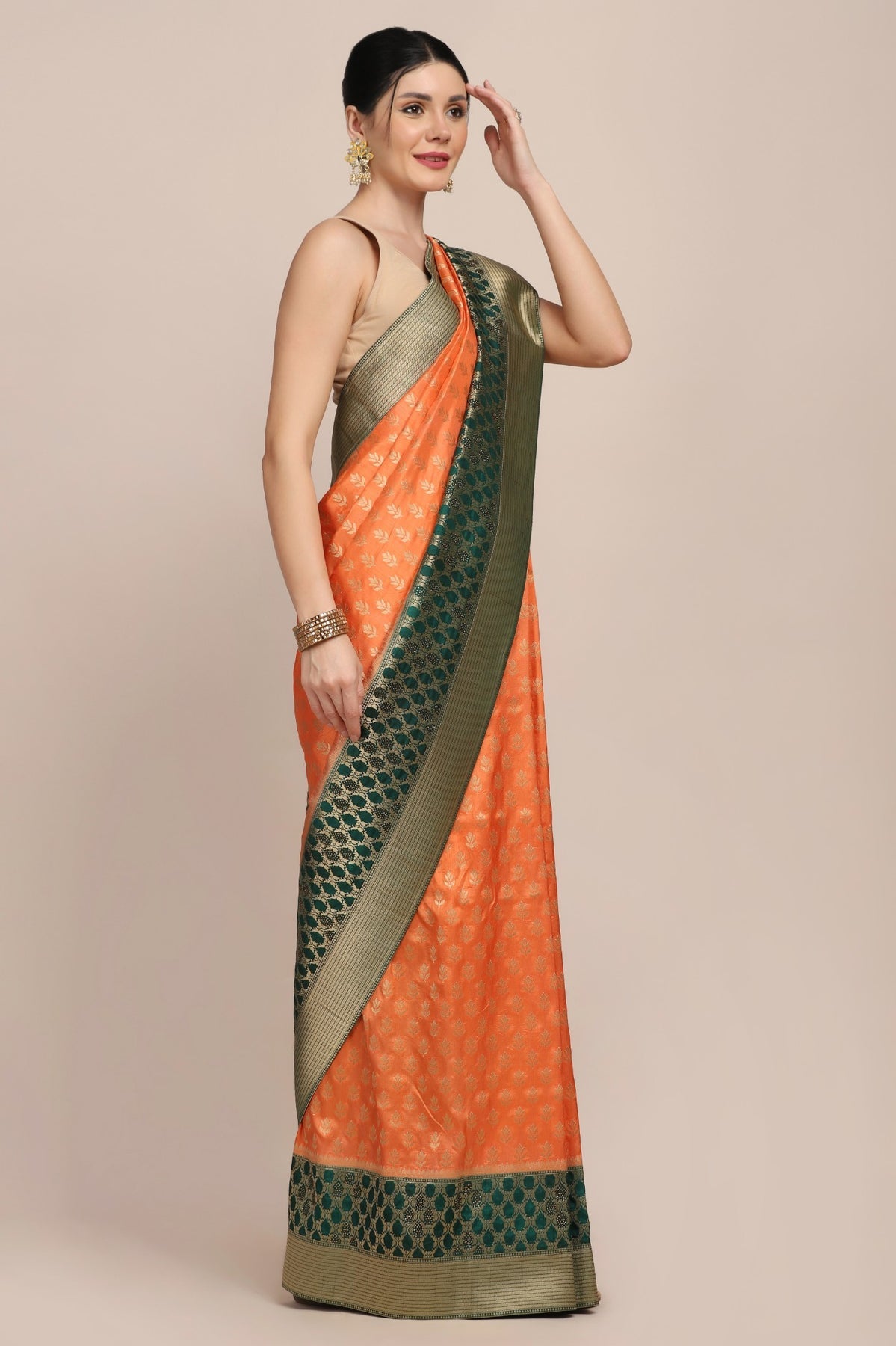 Classy orange color floral motif woven saree