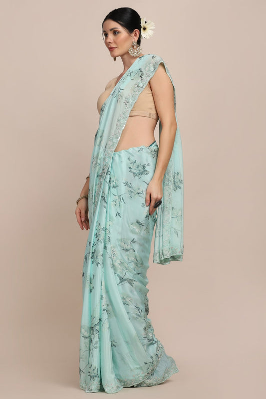 Elegant sky blue color floral motif embroidered digital print saree