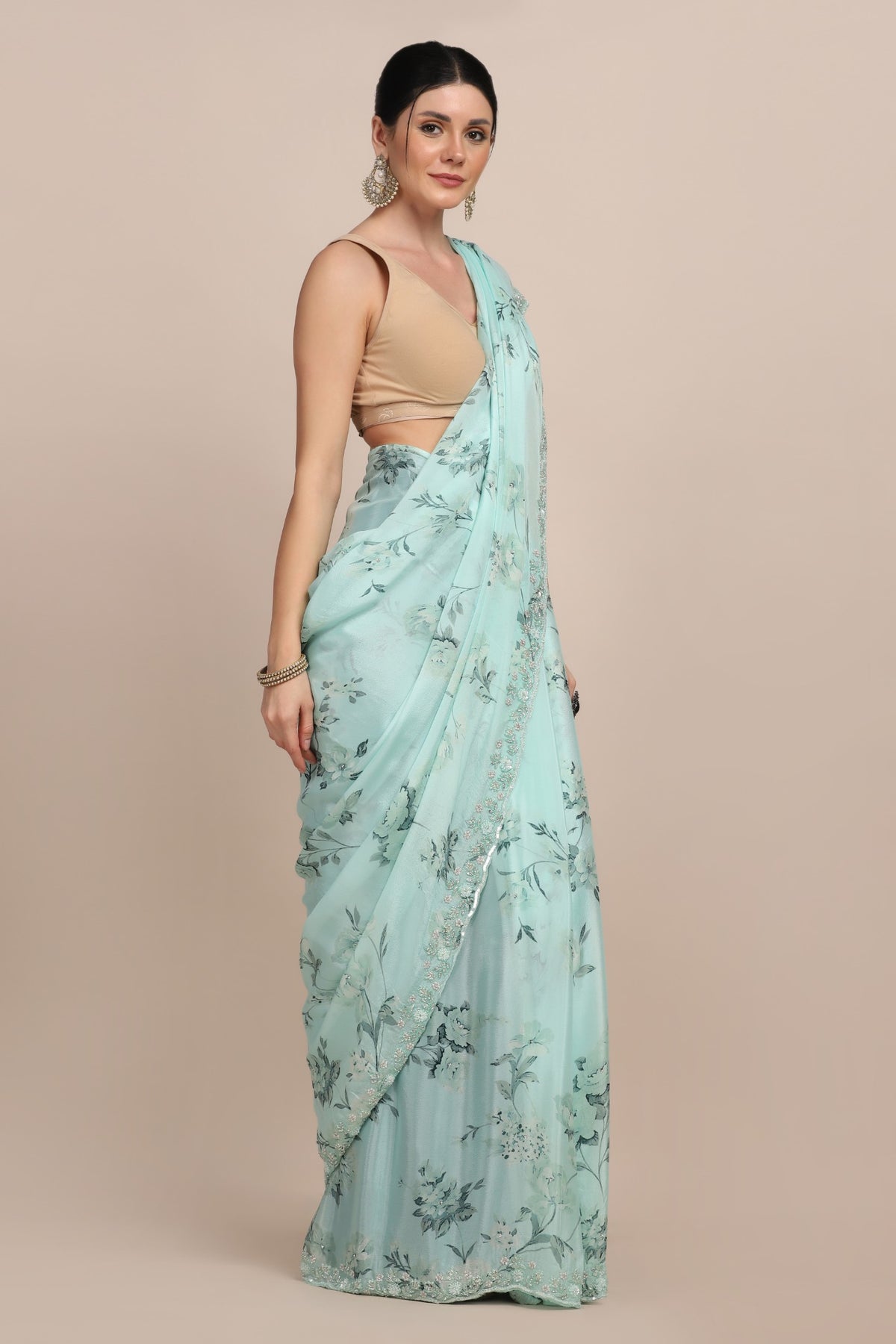 Elegant sky blue color floral motif embroidered digital print saree