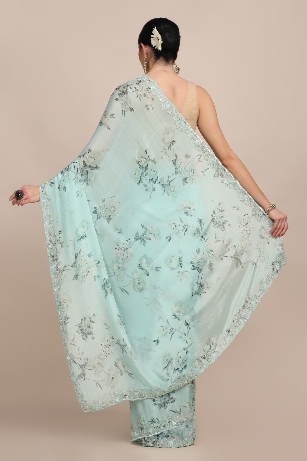 Elegant sky blue color floral motif embroidered digital print saree