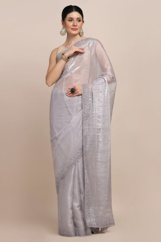 Stylish grey color embroidered saree