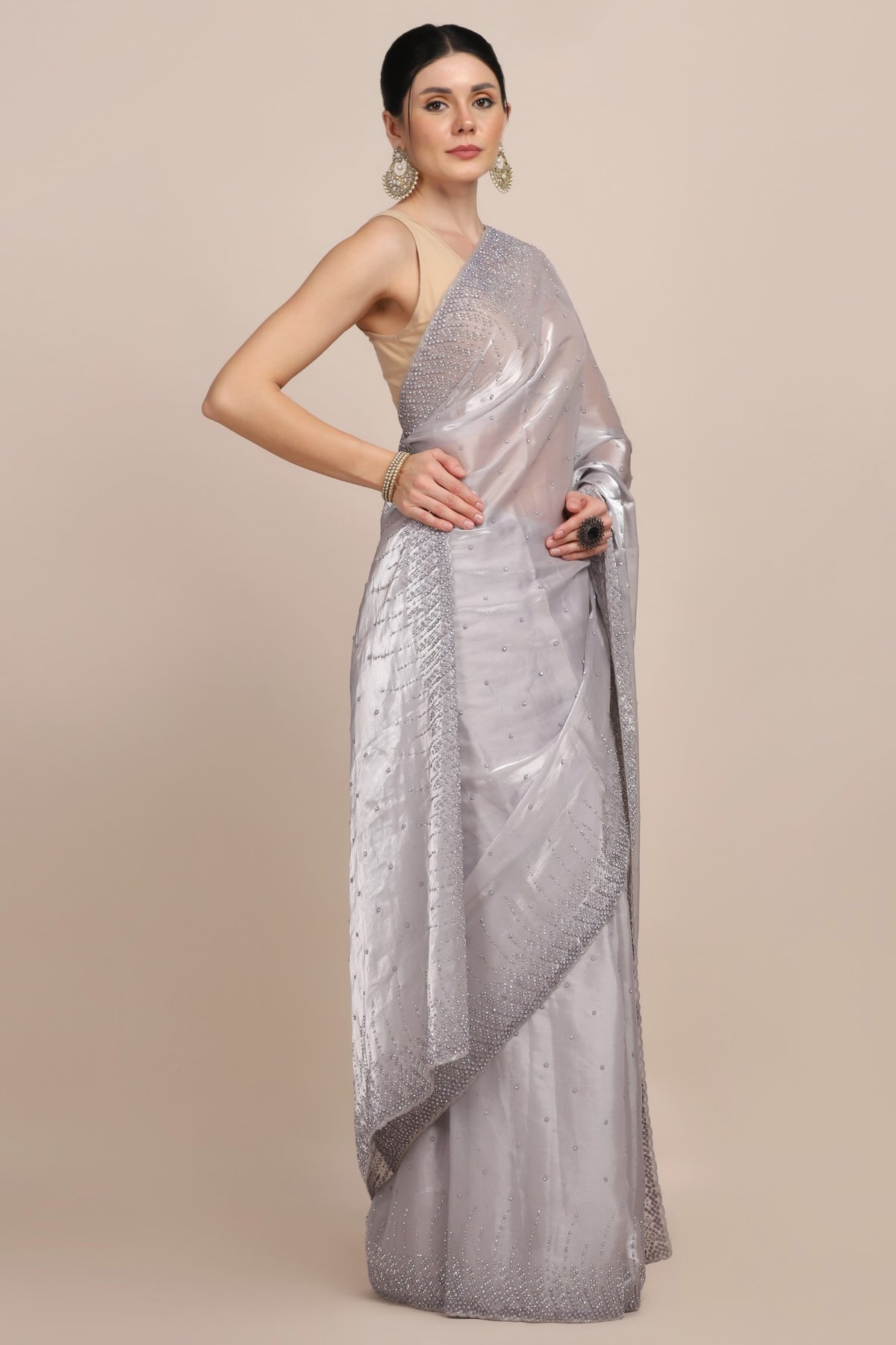 Stylish grey color embroidered saree