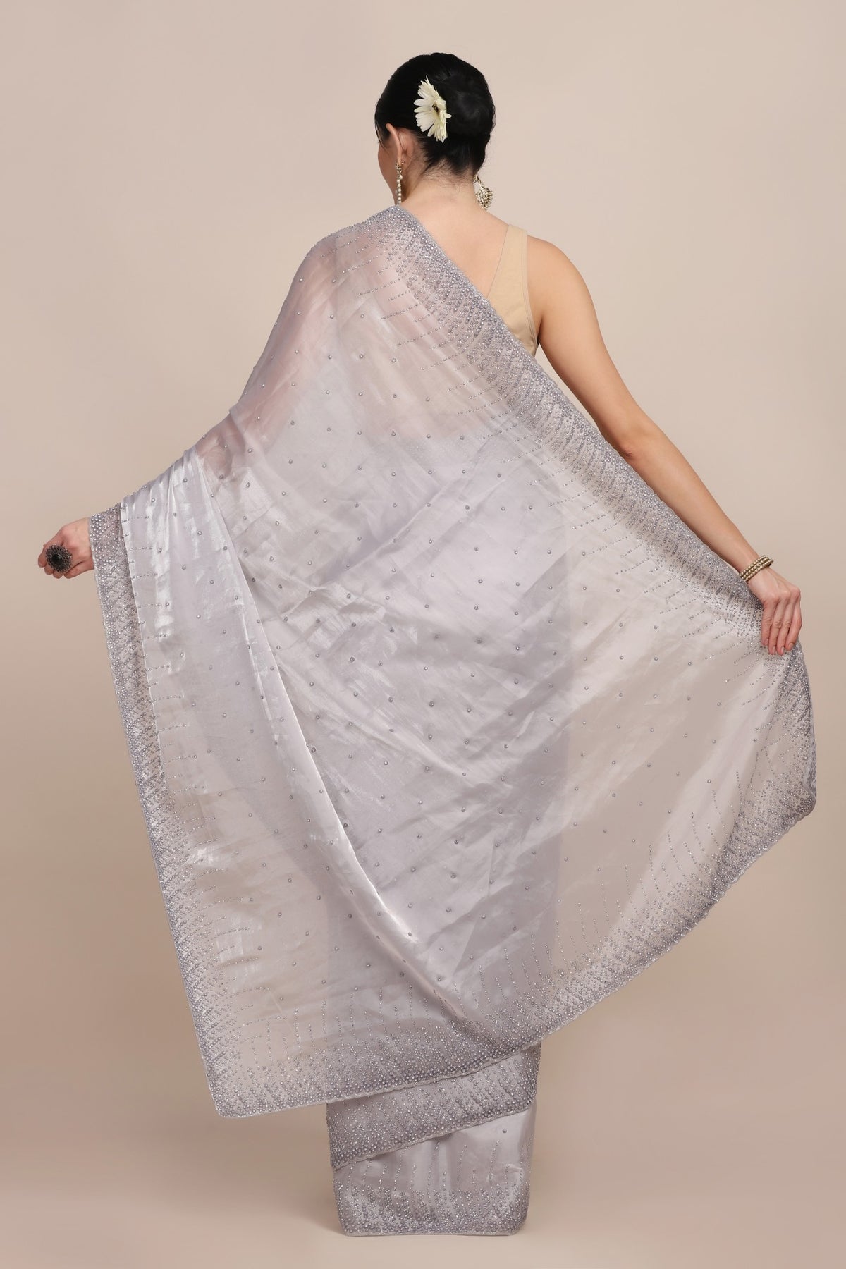 Stylish grey color embroidered saree