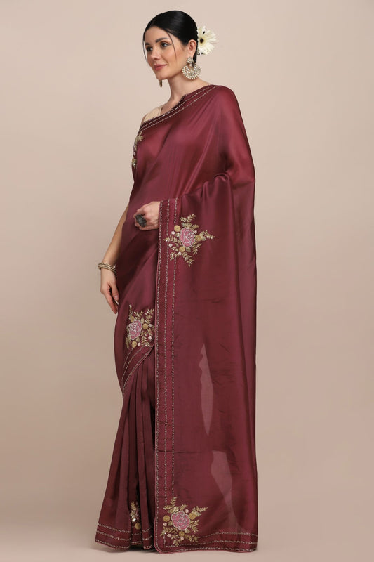 Classy wine color floral motif embroidered satin blend saree
