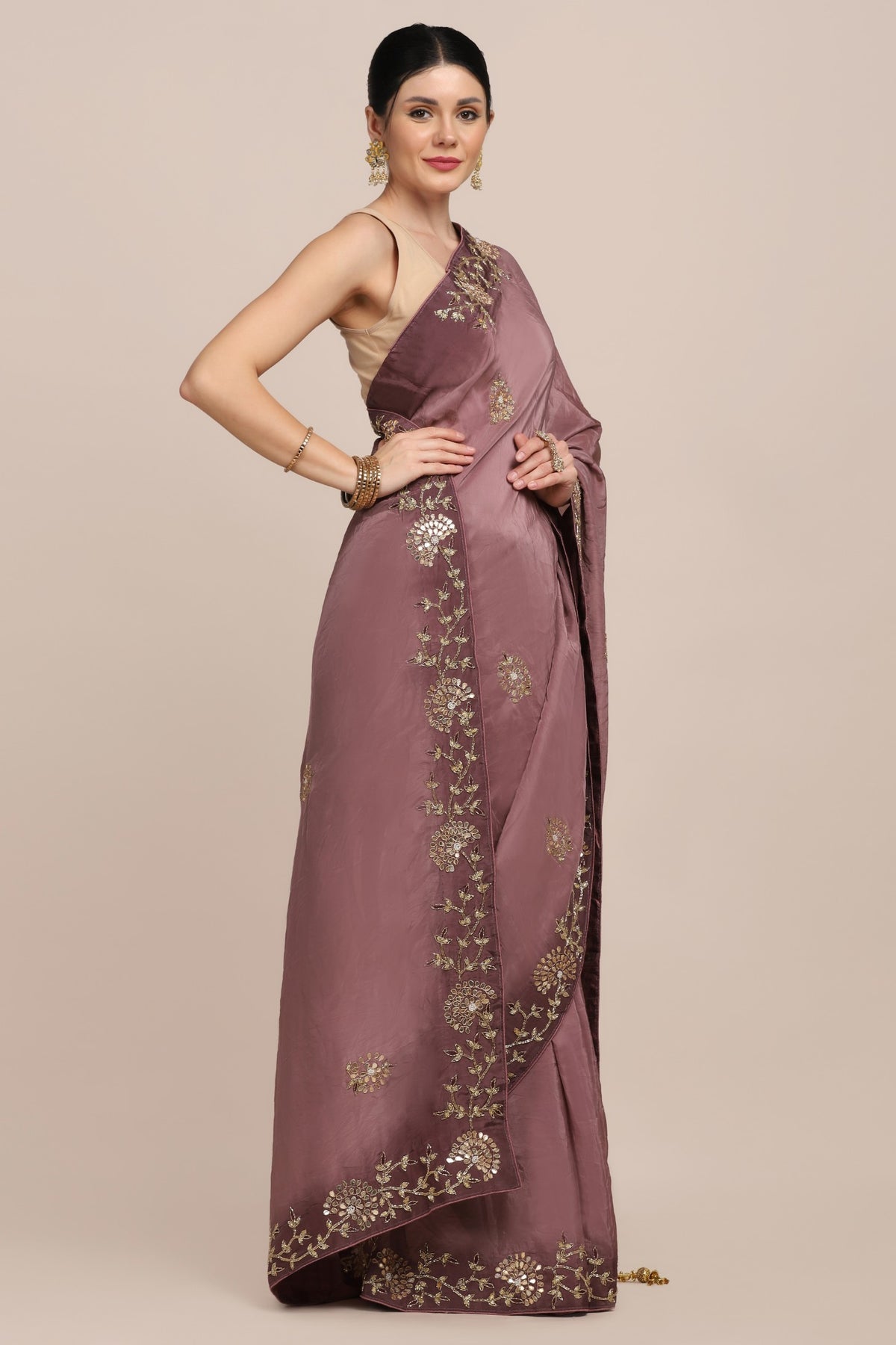 Beautiful mauve color floral embroidery saree