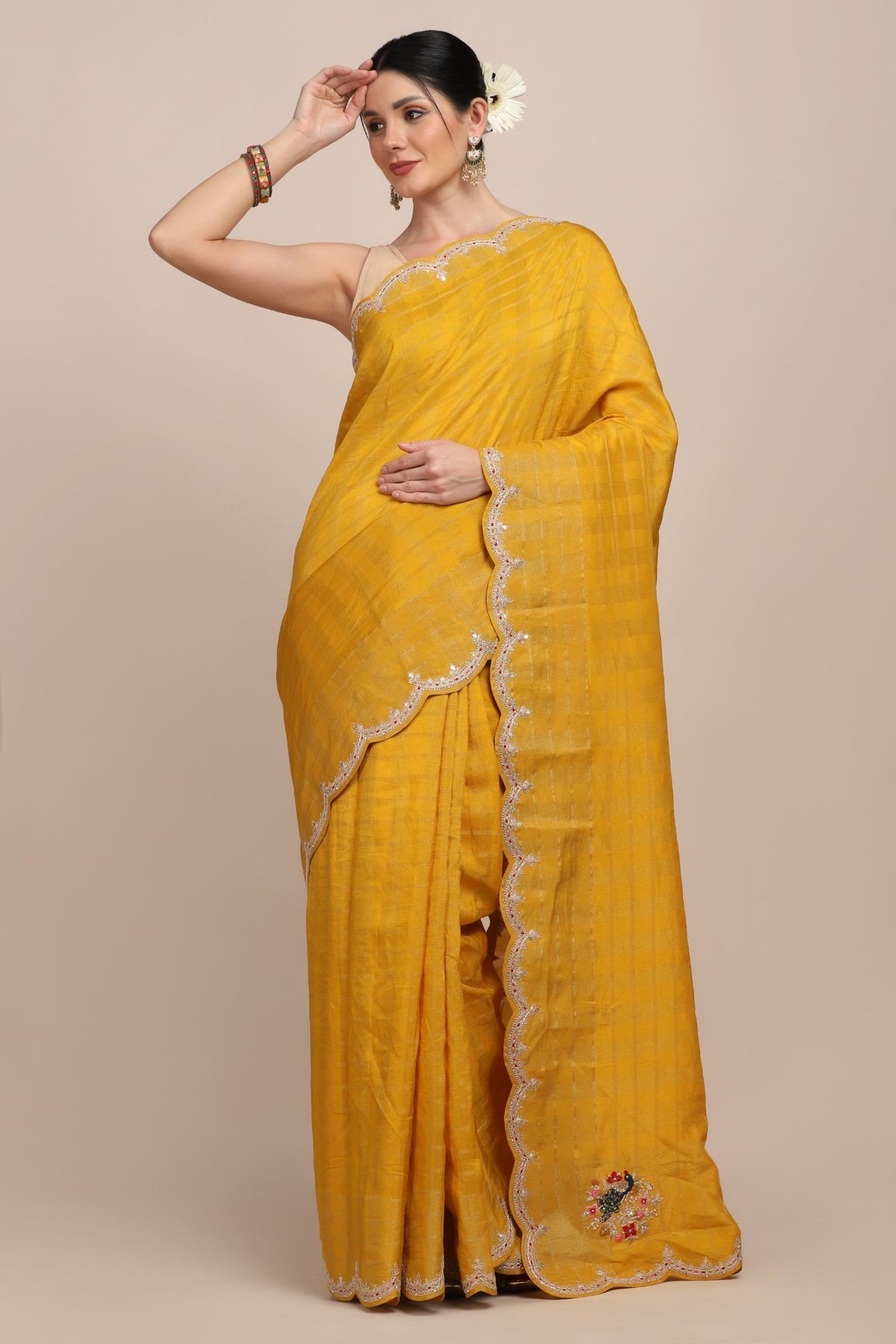 Elegant yellow color floral embroidered saree