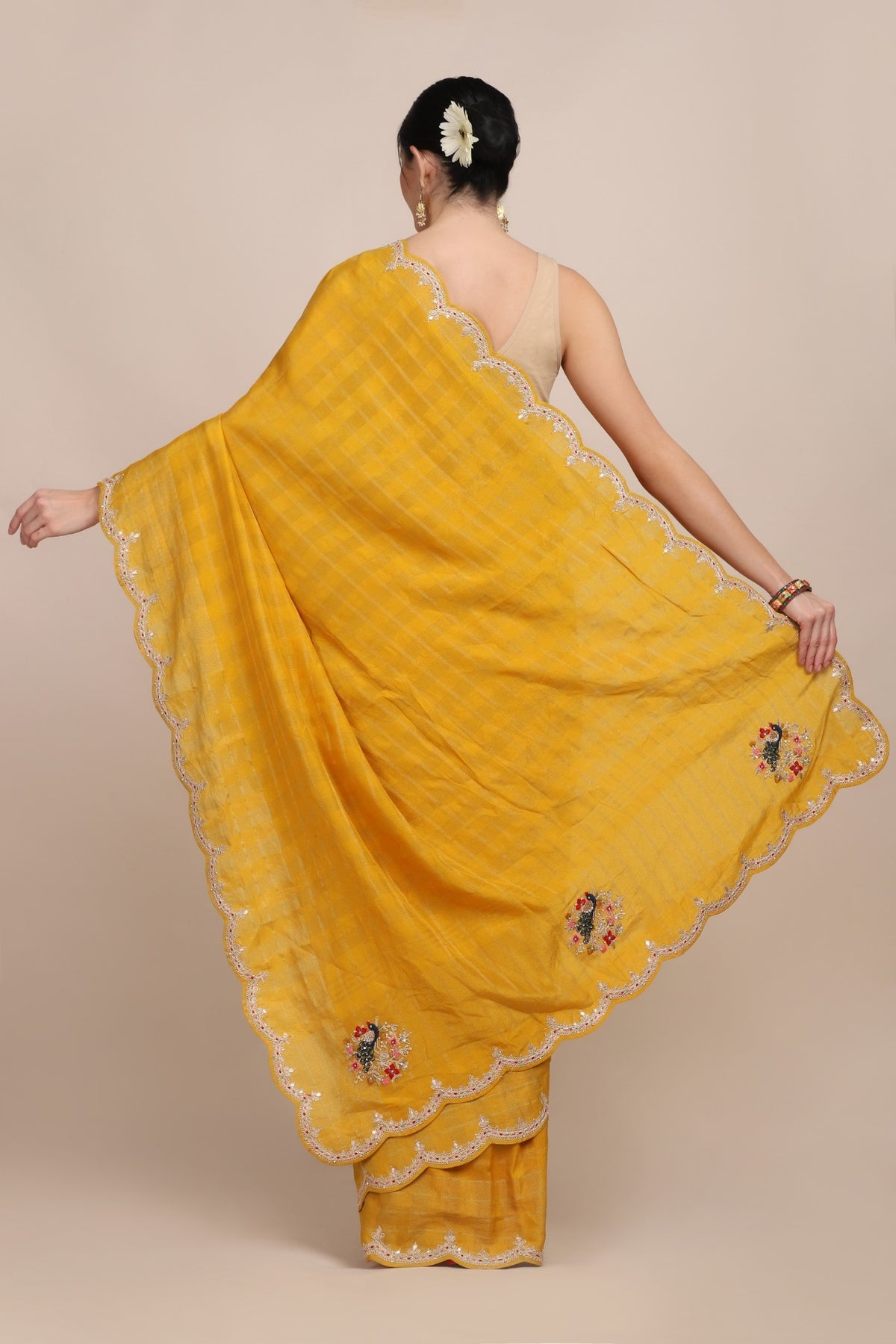 Elegant yellow color floral embroidered saree