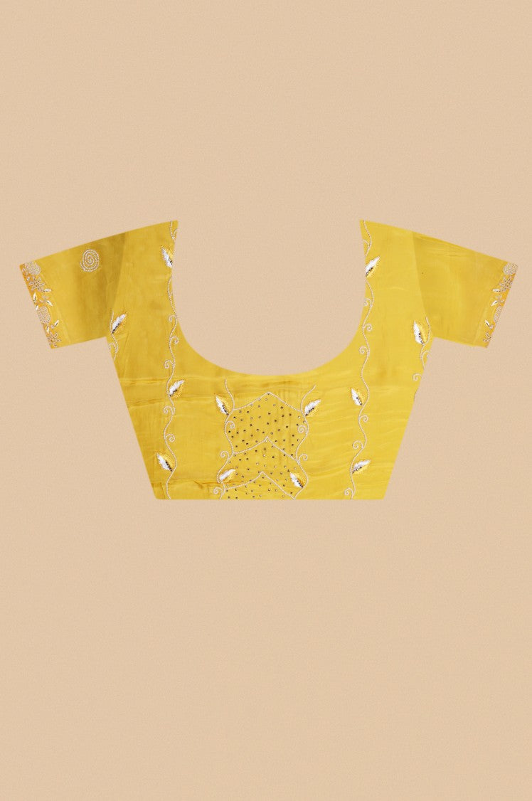 Elegant yellow color tie and dye embroidered saree