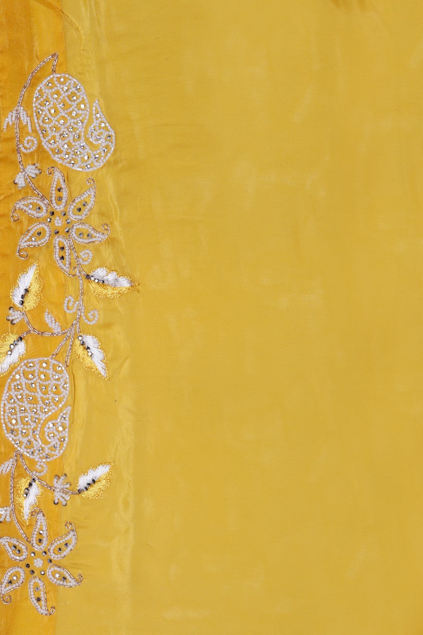 Elegant yellow color tie and dye embroidered saree
