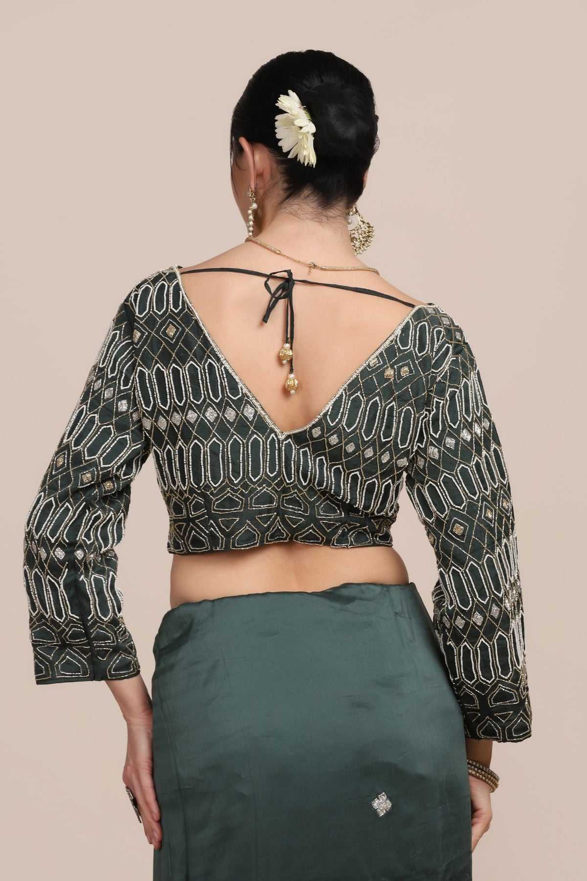 Beautiful green color floral motif embroidered saree