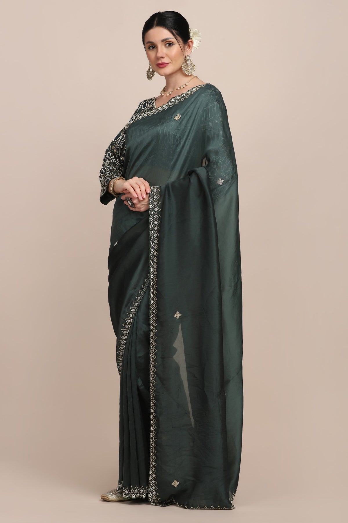 Beautiful green color floral motif embroidered saree