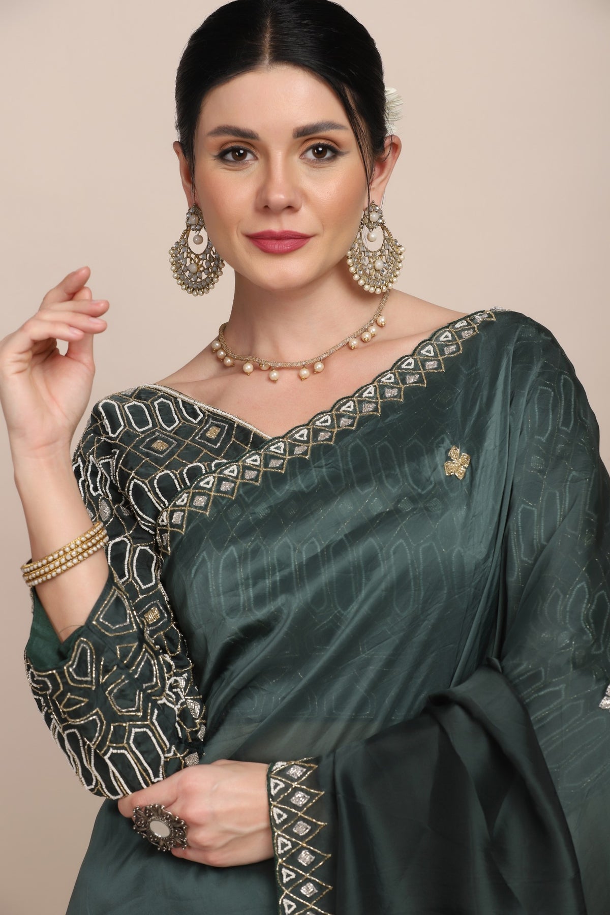 Beautiful green color floral motif embroidered saree