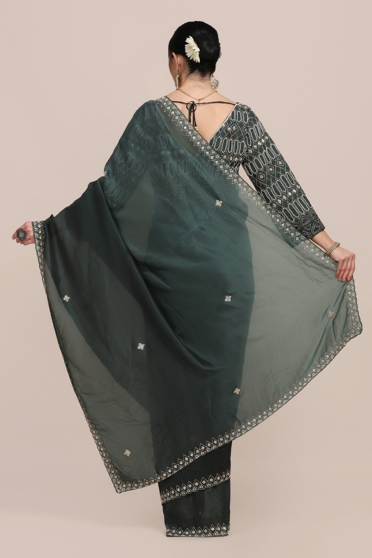 Beautiful green color floral motif embroidered saree