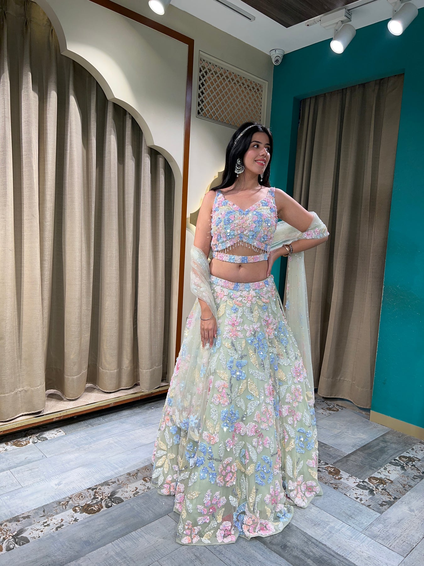 Classy white color hand embroidered lehanga