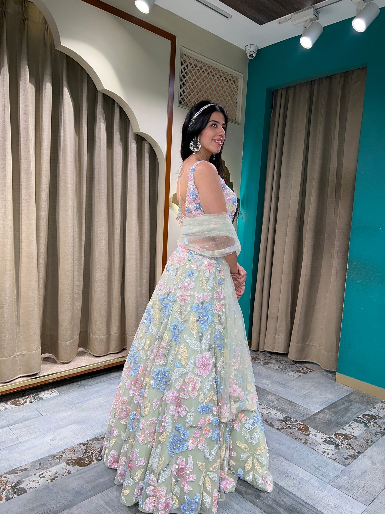 Classy white color hand embroidered lehanga