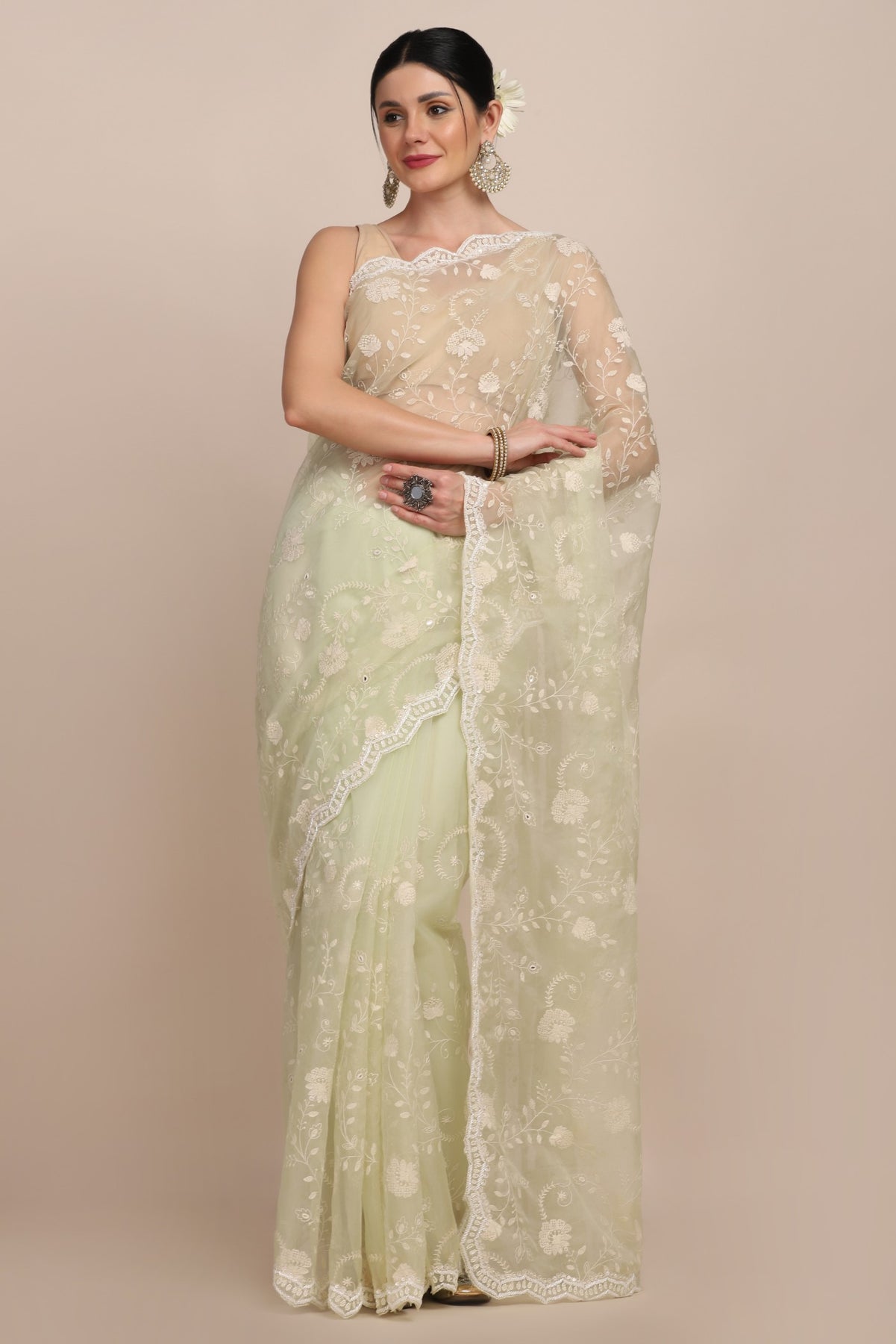 Beautiful light green color floral jaal embroidered saree