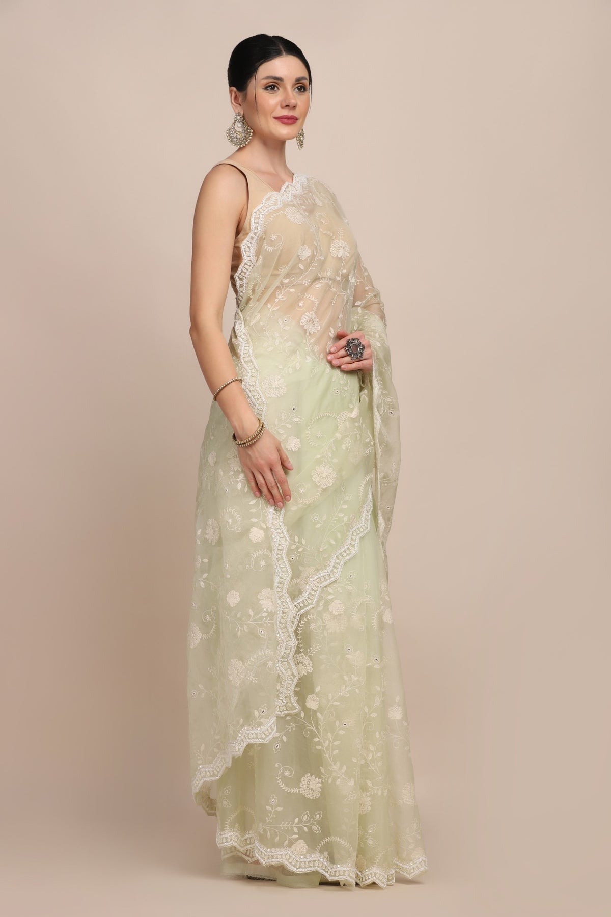 Beautiful light green color floral jaal embroidered saree