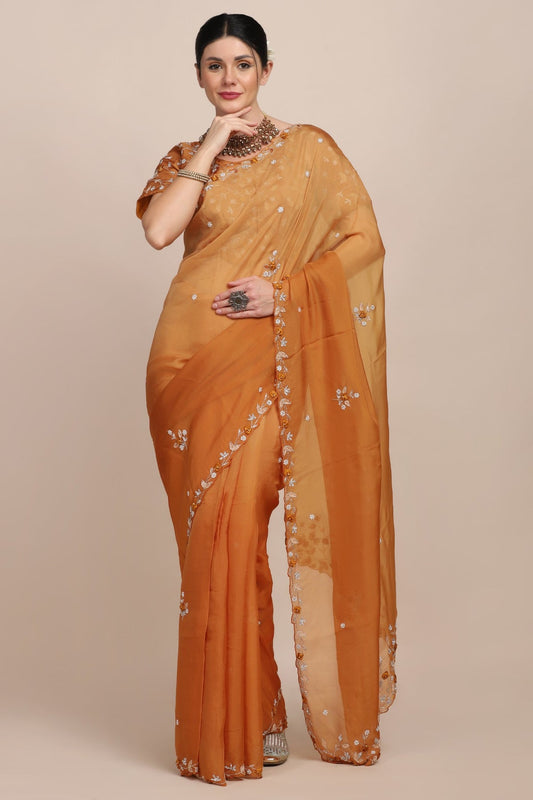 Beautiful mustard color floral motif embroidered saree